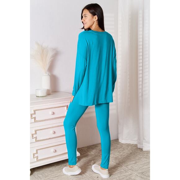 BASIC BAE Plus Sky Blue V-Neck Soft Rayon Long Sleeve Top Pants Lounge Set NEW - Picture 4 of 5